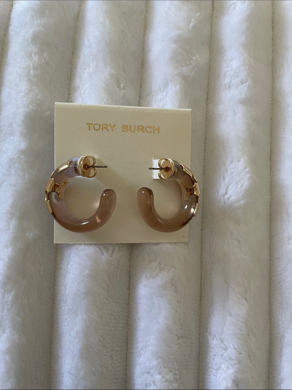 Tory Burch Light Taupe Resin Hoop Earrings with Gold Logo Accents NEW!